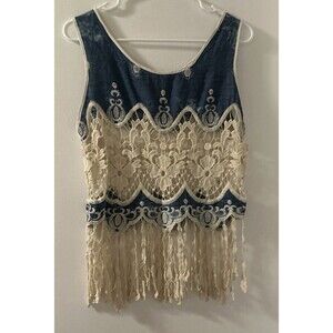 Designed In Italy. ITOO Blue Dye Ivory Crochet Fringe Coachella Boho SLace Top S